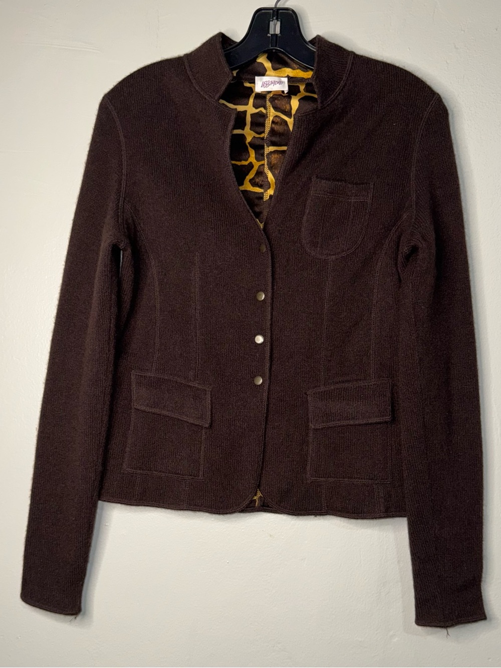 Leggiadro Dark Brown Snap-Front Knit Blazer with Patterned Lining